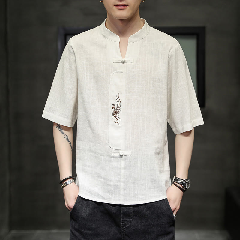 Camisa de manga corta con bordado de Fénix y botones de rana de Buddha Stones , ropa de hombre de lino y algodón - image 1