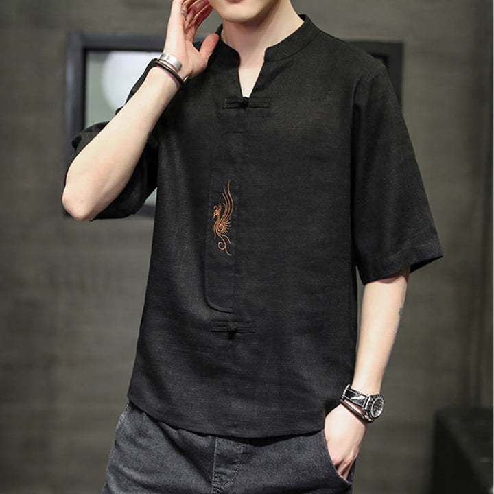Camisa de manga corta con bordado de Fénix y botones de rana de Buddha Stones , ropa de hombre de lino y algodón - image 23