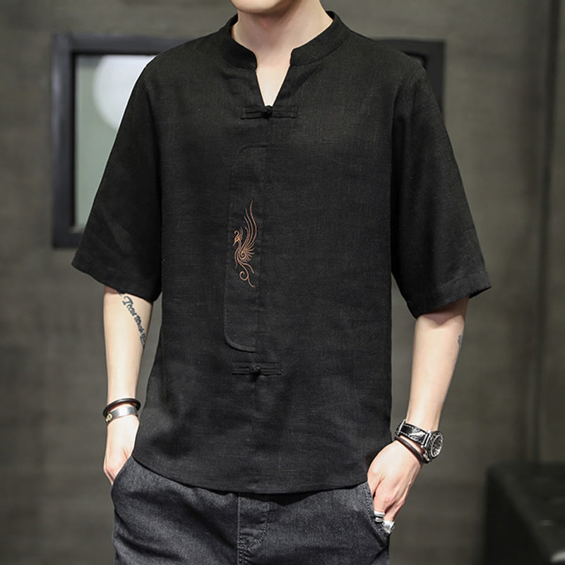 Camisa de manga corta con bordado de Fénix y botones de rana de Buddha Stones , ropa de hombre de lino y algodón - image 21