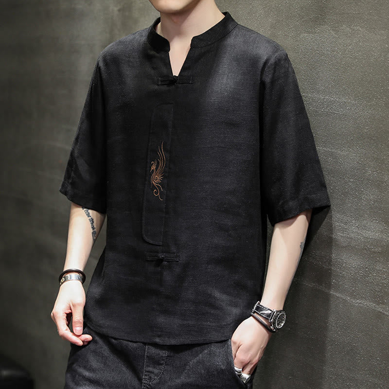 Camisa de manga corta con bordado de Fénix y botones de rana de Buddha Stones , ropa de hombre de lino y algodón - image 20