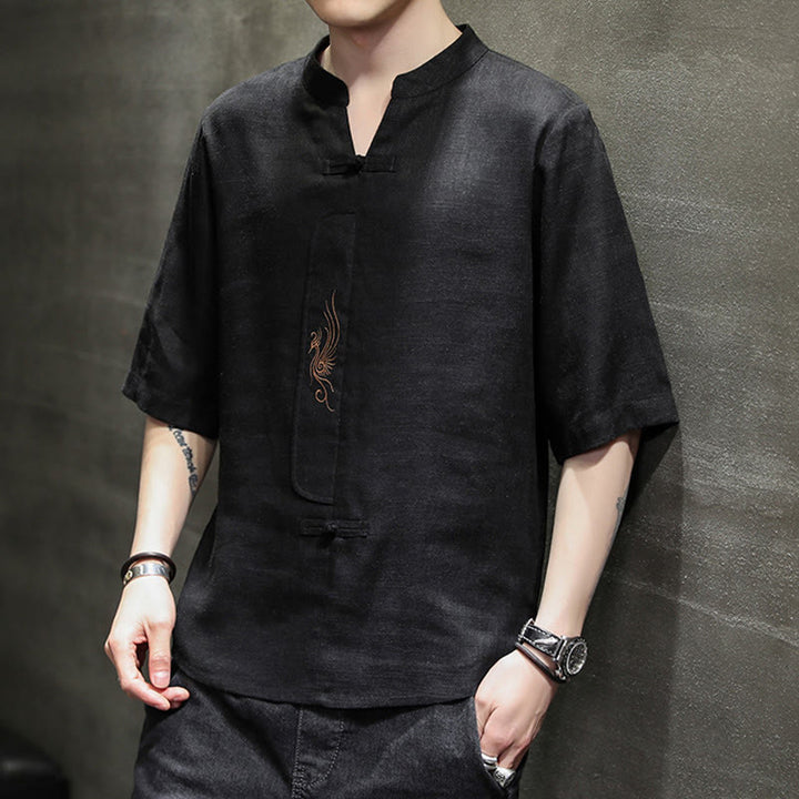 Camisa de manga corta con bordado de Fénix y botones de rana de Buddha Stones , ropa de hombre de lino y algodón - image 20