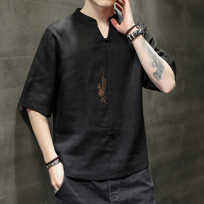 Camisa de manga corta con bordado de Fénix y botones de rana de Buddha Stones , ropa de hombre de lino y algodón - image 19