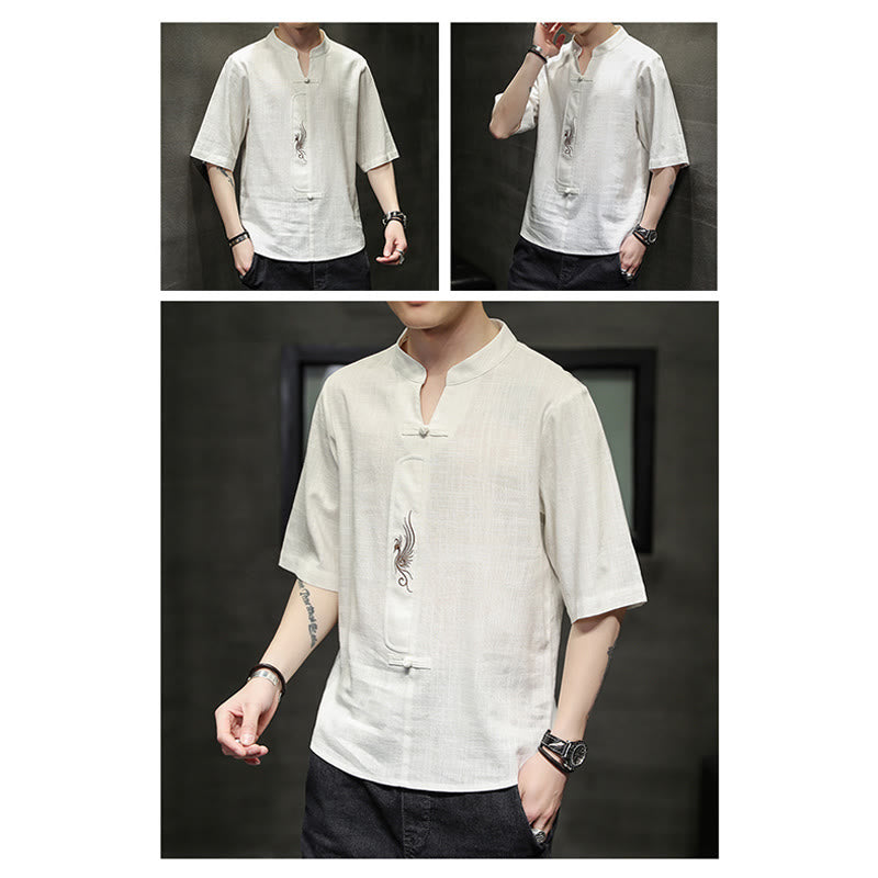 Camisa de manga corta con bordado de Fénix y botones de rana de Buddha Stones , ropa de hombre de lino y algodón - image 10