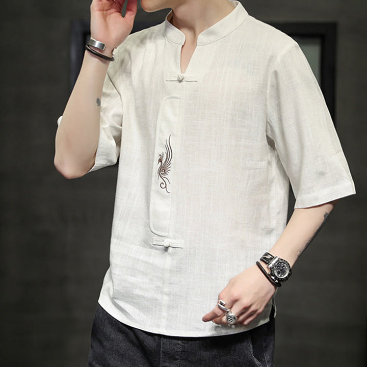 Camisa de manga corta con bordado de Fénix y botones de rana de Buddha Stones , ropa de hombre de lino y algodón - image 8