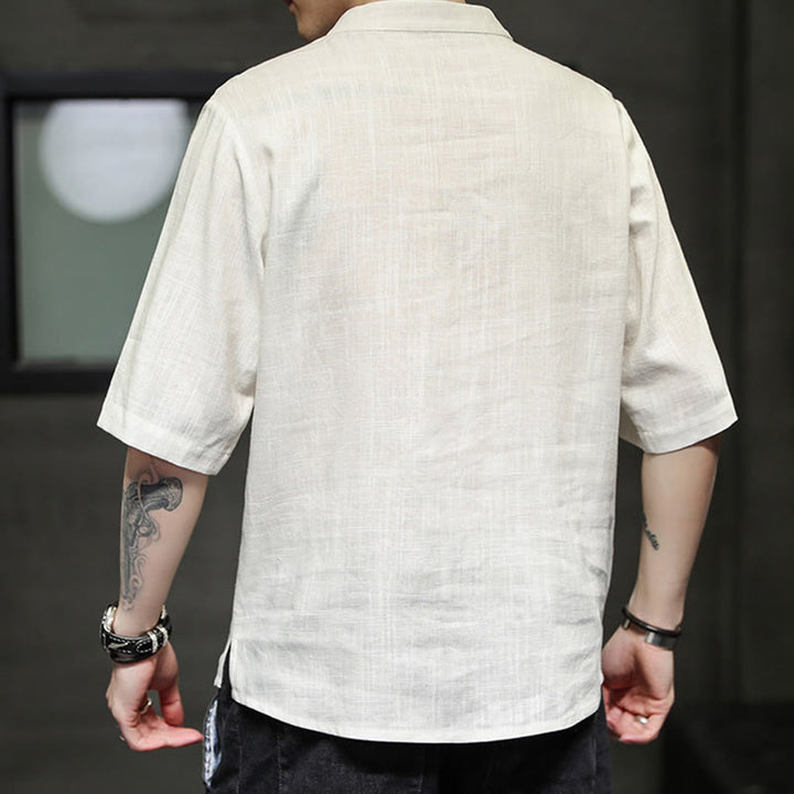 Camisa de manga corta con bordado de Fénix y botones de rana de Buddha Stones , ropa de hombre de lino y algodón - image 3