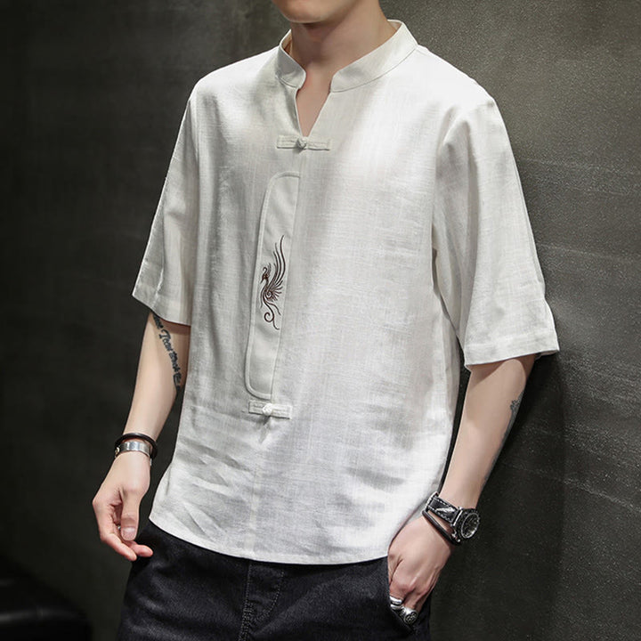 Camisa de manga corta con bordado de Fénix y botones de rana de Buddha Stones , ropa de hombre de lino y algodón - image 3