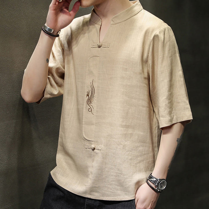 Camisa de manga corta con bordado de Fénix y botones de rana de Buddha Stones , ropa de hombre de lino y algodón - image 14