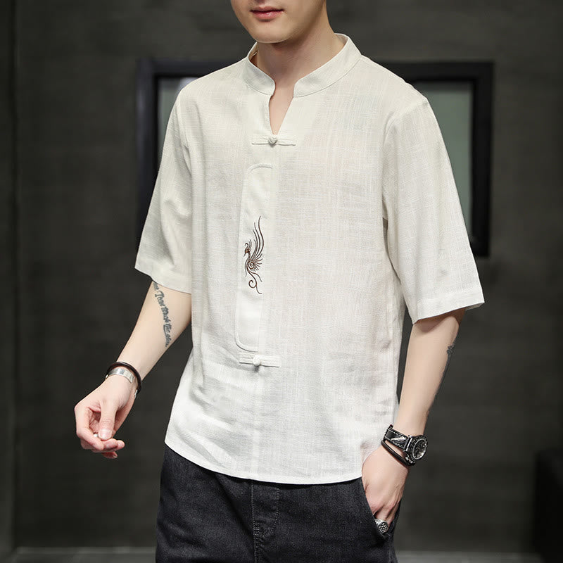Camisa de manga corta con bordado de Fénix y botones de rana de Buddha Stones , ropa de hombre de lino y algodón - image 7