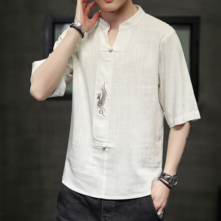 Camisa de manga corta con bordado de Fénix y botones de rana de Buddha Stones , ropa de hombre de lino y algodón - image 6
