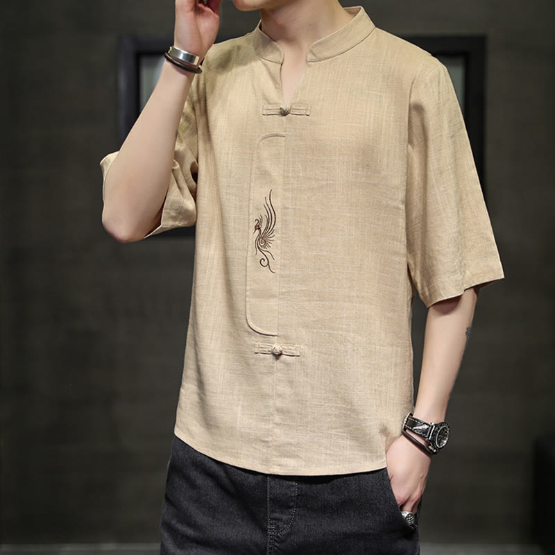 Camisa de manga corta con bordado de Fénix y botones de rana de Buddha Stones , ropa de hombre de lino y algodón - image 12
