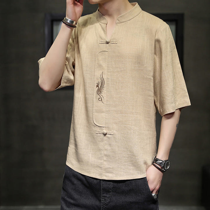 Camisa de manga corta con bordado de Fénix y botones de rana de Buddha Stones , ropa de hombre de lino y algodón - image 11