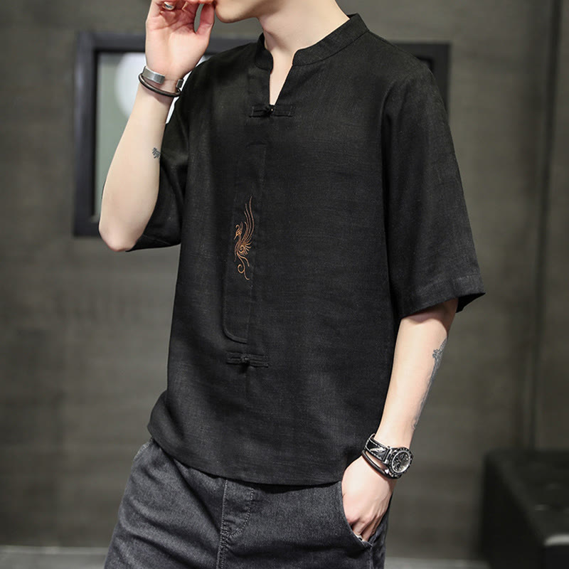 Camisa de manga corta con bordado de Fénix y botones de rana de Buddha Stones , ropa de hombre de lino y algodón - image 22
