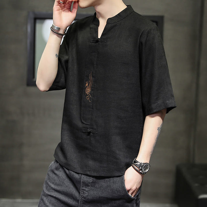 Camisa de manga corta con bordado de Fénix y botones de rana de Buddha Stones , ropa de hombre de lino y algodón - image 22