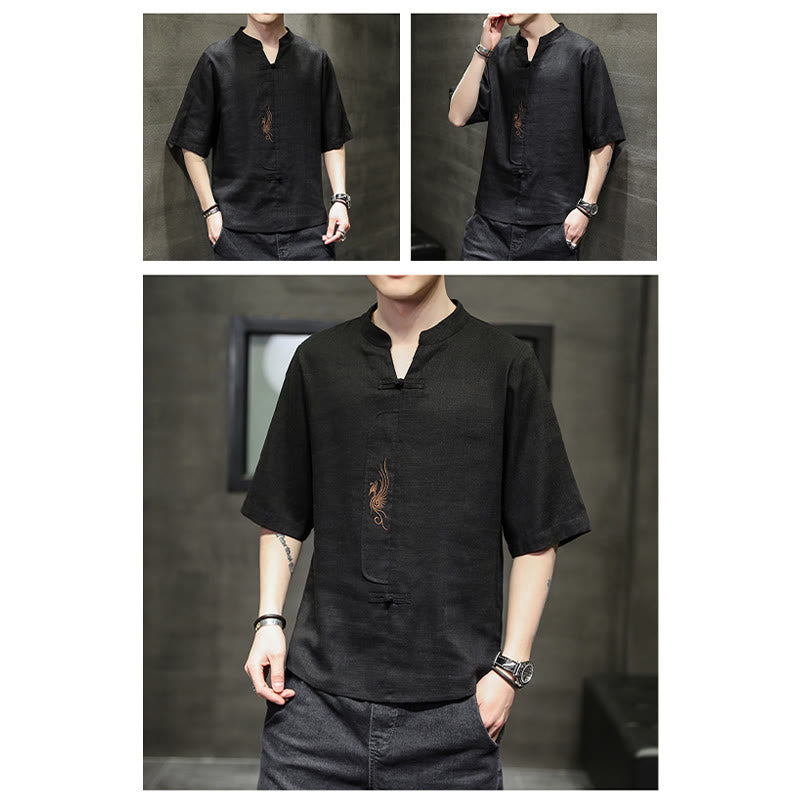 Camisa de manga corta con bordado de Fénix y botones de rana de Buddha Stones , ropa de hombre de lino y algodón - image 24