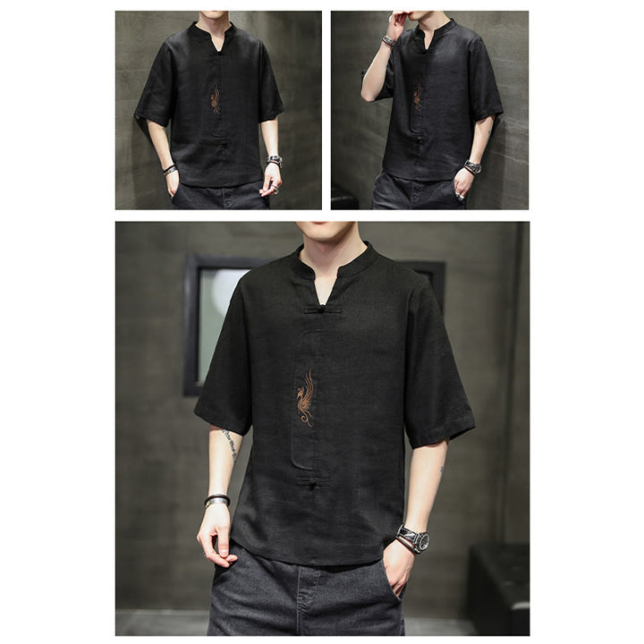 Camisa de manga corta con bordado de Fénix y botones de rana de Buddha Stones , ropa de hombre de lino y algodón - image 23