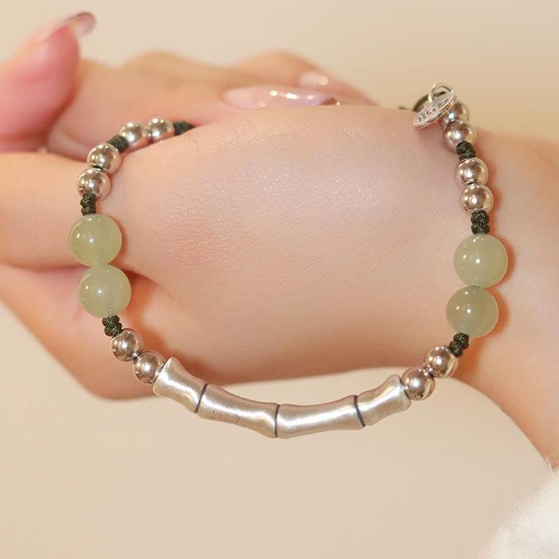 Pulsera de abundancia de bambú con carácter Fu de jade natural de plata de ley 925 con Buddha Stones - image 1