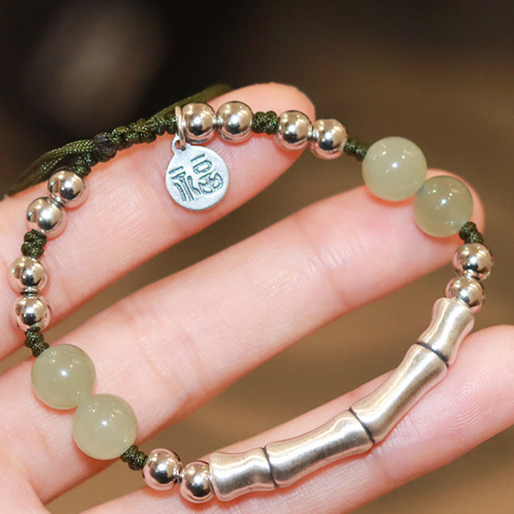Pulsera de abundancia de bambú con carácter Fu de jade natural de plata de ley 925 con Buddha Stones - image 2