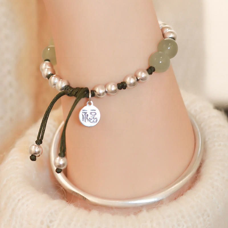 Pulsera de abundancia de bambú con carácter Fu de jade natural de plata de ley 925 con Buddha Stones