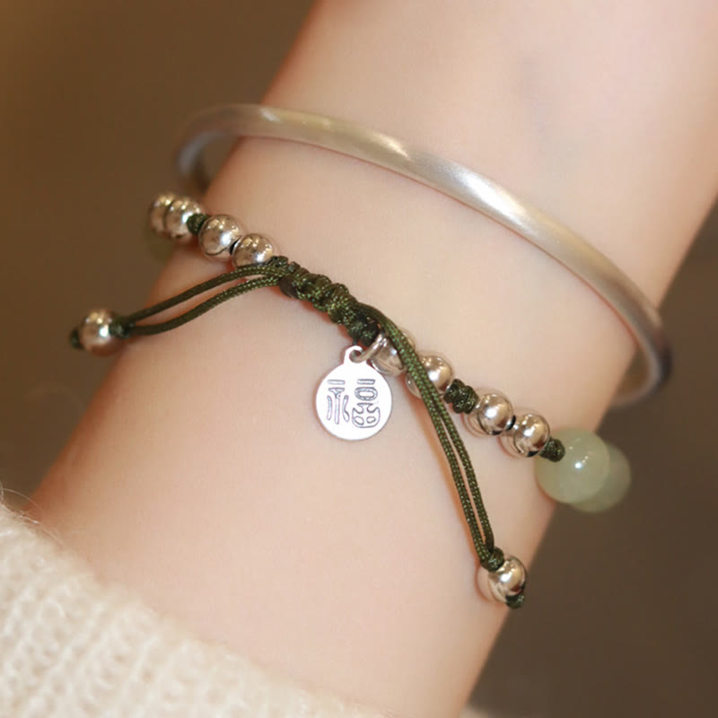 Pulsera de abundancia de bambú con carácter Fu de jade natural de plata de ley 925 con Buddha Stones