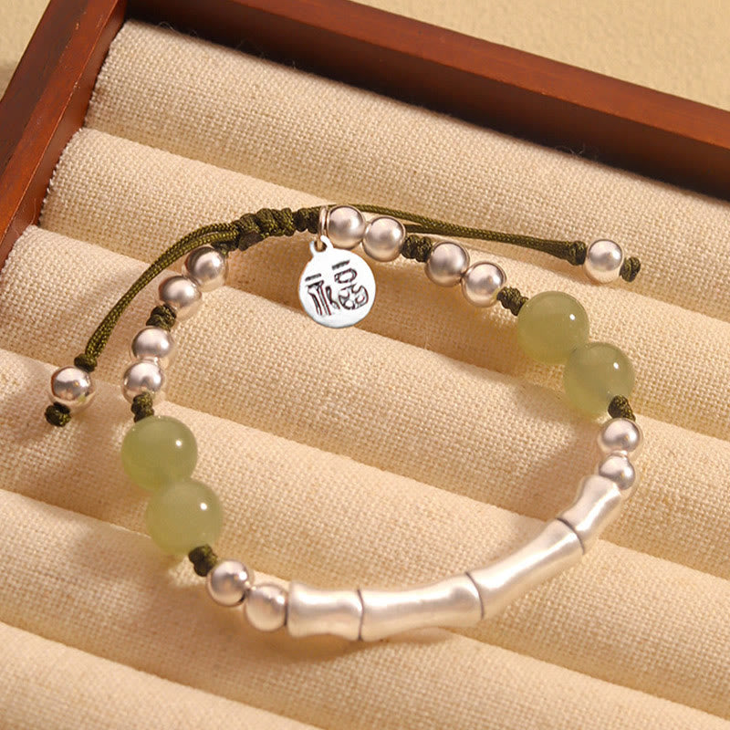 Pulsera de abundancia de bambú con carácter Fu de jade natural de plata de ley 925 con Buddha Stones - Jade (circunferencia de la muñeca: 14-19 cm) - image 0