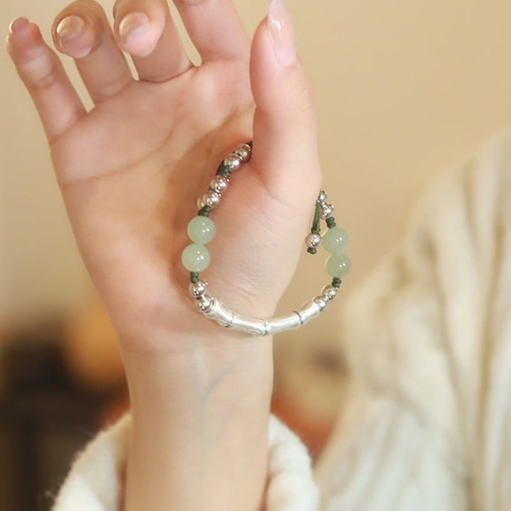 Pulsera de abundancia de bambú con carácter Fu de jade natural de plata de ley 925 con Buddha Stones