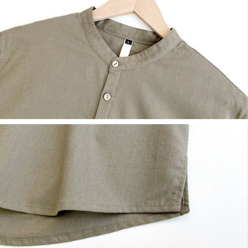 Camisa de lino con botones de manga corta para hombre de color sólido con Buddha Stones - image 5