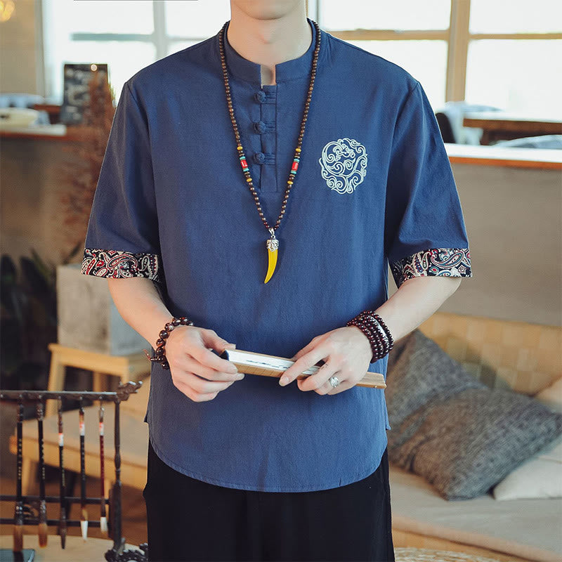Camisa de manga corta para hombre con bordado de dragón y Buddha Stones, estilo chino Tang. - Azul acero - US/UK/AU46, EU56 (5XL)  - image 33