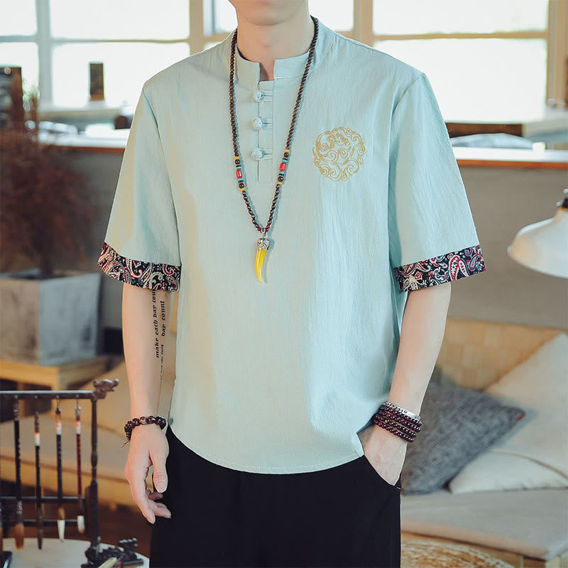 Camisa de manga corta para hombre con bordado de dragón y Buddha Stones, estilo chino Tang. - Crema de menta - US/UK/AU46, EU56 (5XL)  - image 11