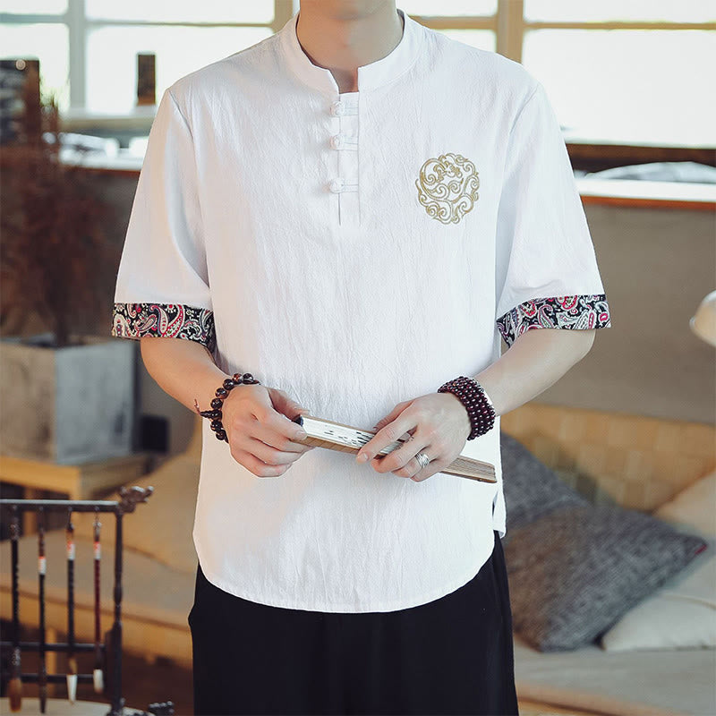 Camisa de manga corta para hombre con bordado de dragón y Buddha Stones, estilo chino Tang. - Blanco - US/UK/AU46, EU56 (5XL)  - image 18