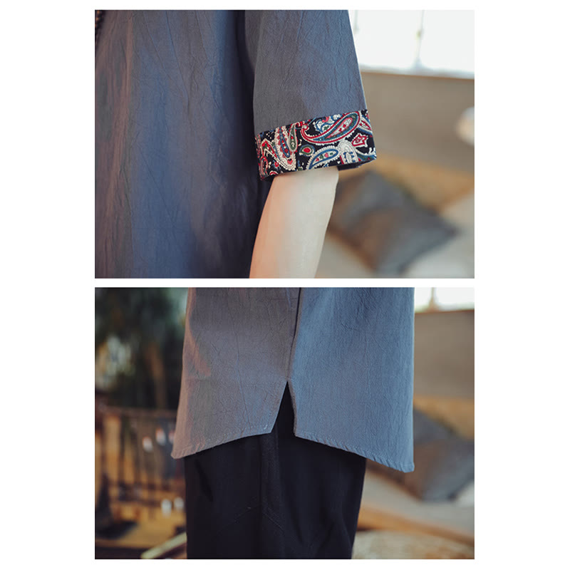 Buddha Stones Botón de rana Bordado de dragón traje chino Tang camisa de manga corta ropa de lino para hombres - image 10