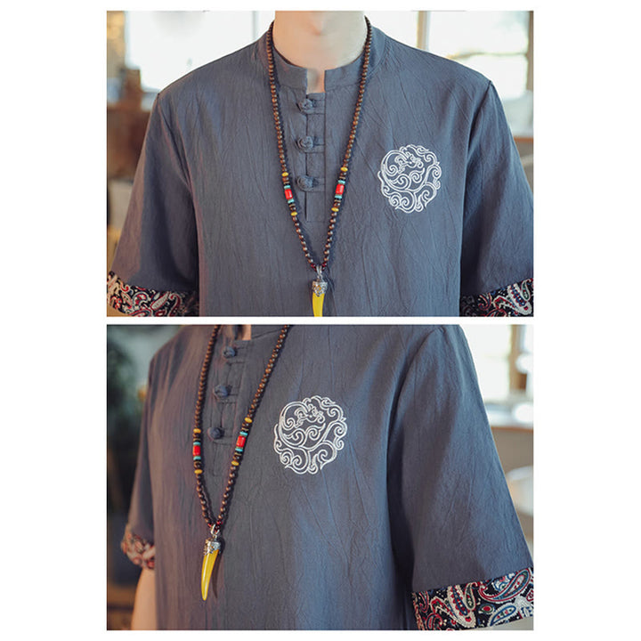 Buddha Stones Botón de rana Bordado de dragón traje chino Tang camisa de manga corta ropa de lino para hombres - image 9