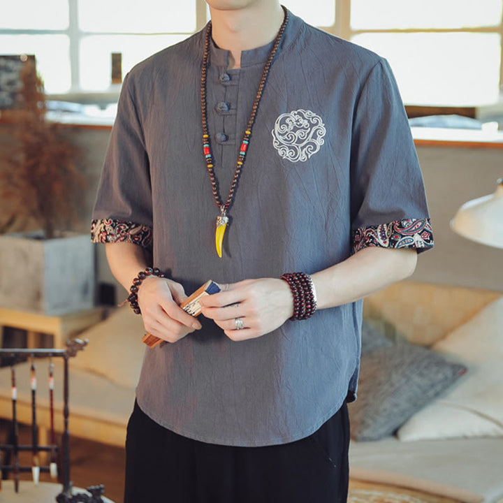 Buddha Stones Botón de rana Bordado de dragón traje chino Tang camisa de manga corta ropa de lino para hombres - image 1