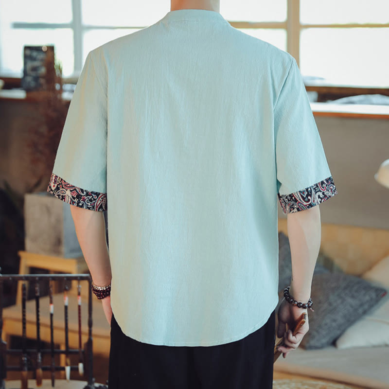 Buddha Stones Botón de rana Bordado de dragón traje chino Tang camisa de manga corta ropa de lino para hombres - image 13