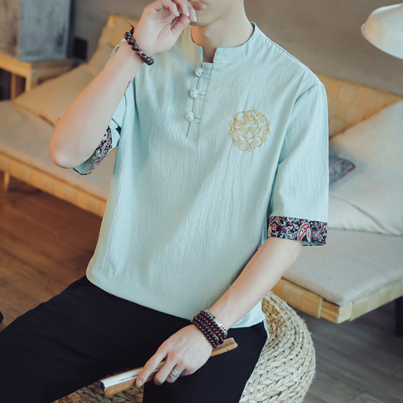 Camisa de manga corta para hombre con bordado de dragón y Buddha Stones, estilo chino Tang. - image 16