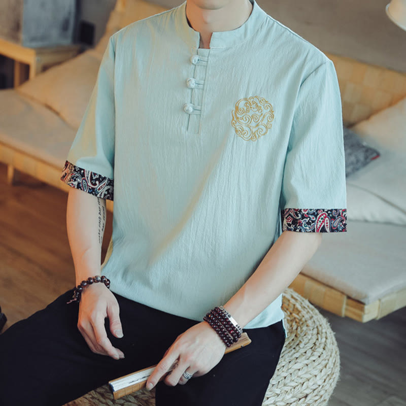 Camisa de manga corta para hombre con bordado de dragón y Buddha Stones, estilo chino Tang. - image 17