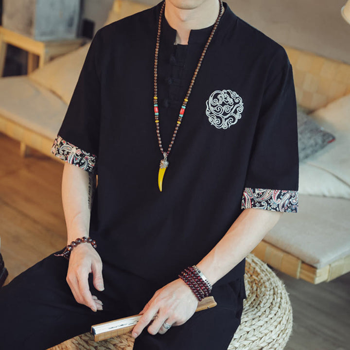 Camisa de manga corta para hombre con bordado de dragón y Buddha Stones, estilo chino Tang. - image 31