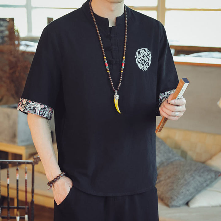Camisa de manga corta para hombre con bordado de dragón y Buddha Stones, estilo chino Tang. - image 26