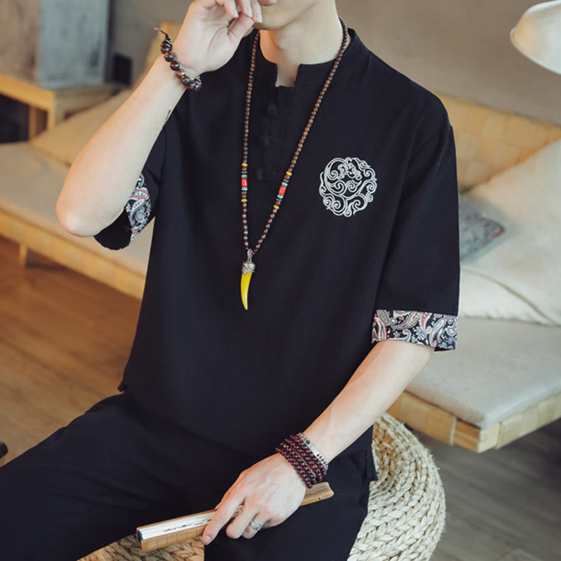 Camisa de manga corta para hombre con bordado de dragón y Buddha Stones, estilo chino Tang. - image 32