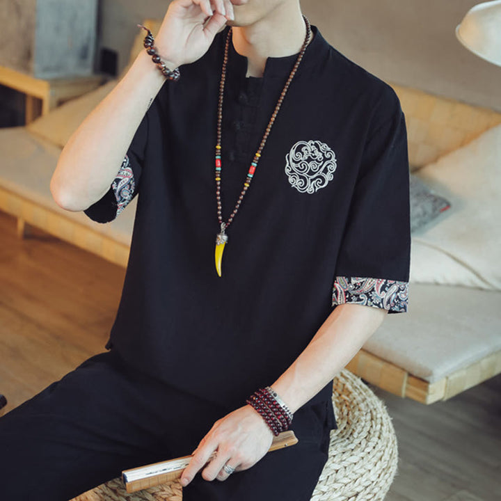 Camisa de manga corta para hombre con bordado de dragón y Buddha Stones, estilo chino Tang. - image 32