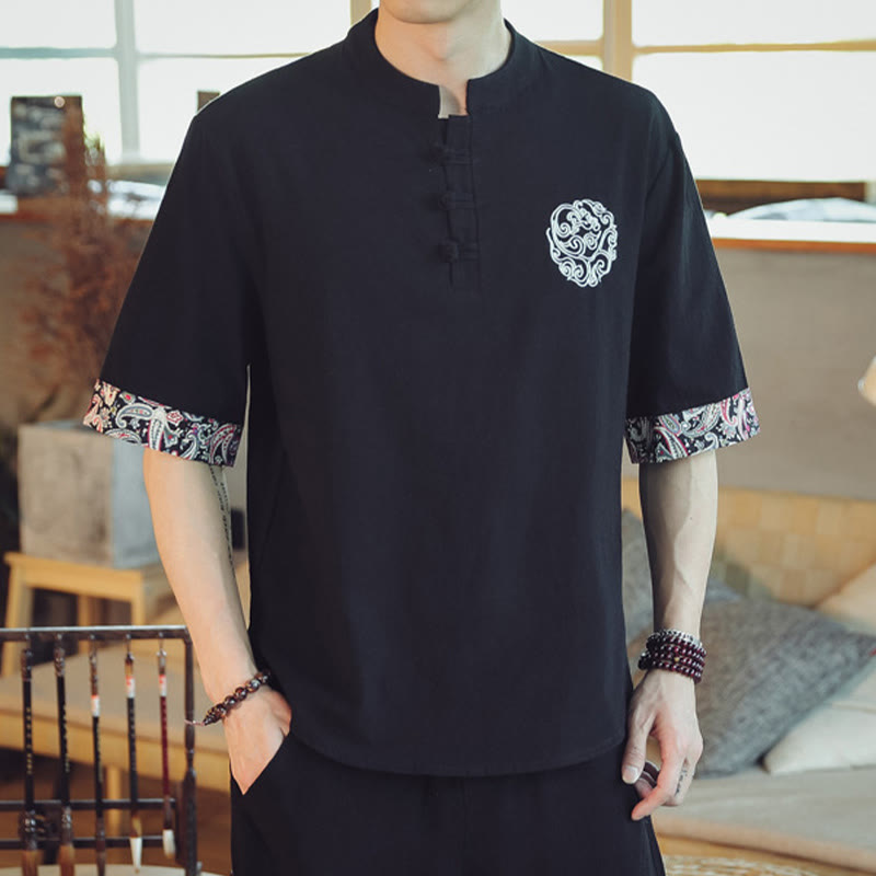 Camisa de manga corta para hombre con bordado de dragón y Buddha Stones, estilo chino Tang. - image 28