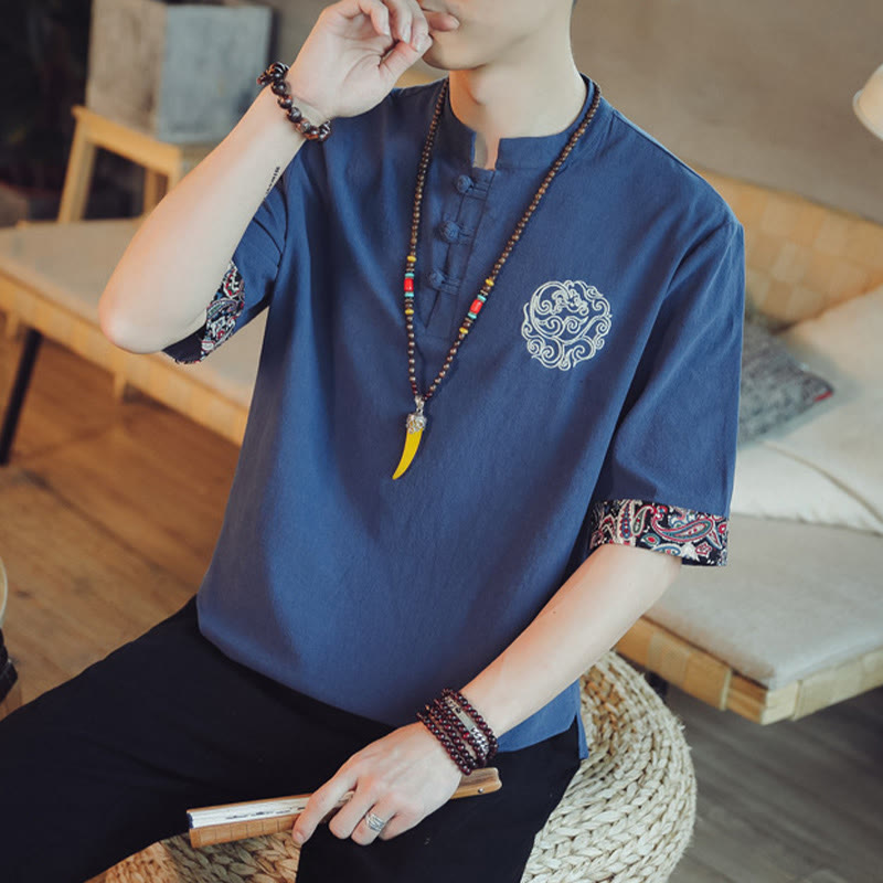 Camisa de manga corta para hombre con bordado de dragón y Buddha Stones, estilo chino Tang. - image 40