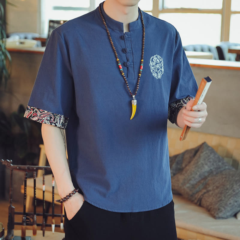 Buddha Stones Botón de rana Bordado de dragón traje chino Tang camisa de manga corta ropa de lino para hombres - image 37