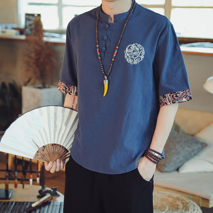 Camisa de manga corta para hombre con bordado de dragón y Buddha Stones, estilo chino Tang. - image 38