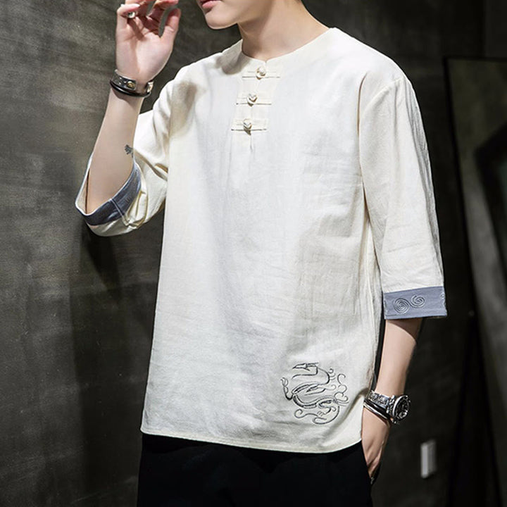 Ropa de hombre de lino y algodón, traje Tang chino con bordado de dragón y botones de rana de Buddha Stones, camisa de manga tres cuartos - image 1