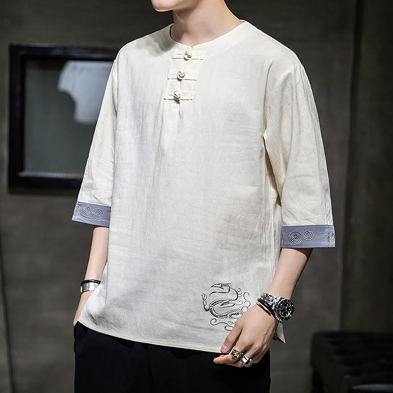 Ropa de hombre de lino y algodón, traje Tang chino con bordado de dragón y botones de rana de Buddha Stones, camisa de manga tres cuartos - image 6