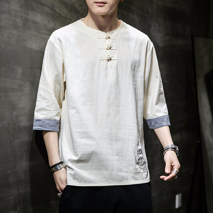 Ropa de hombre de lino y algodón, traje Tang chino con bordado de dragón y botones de rana de Buddha Stones, camisa de manga tres cuartos - image 3