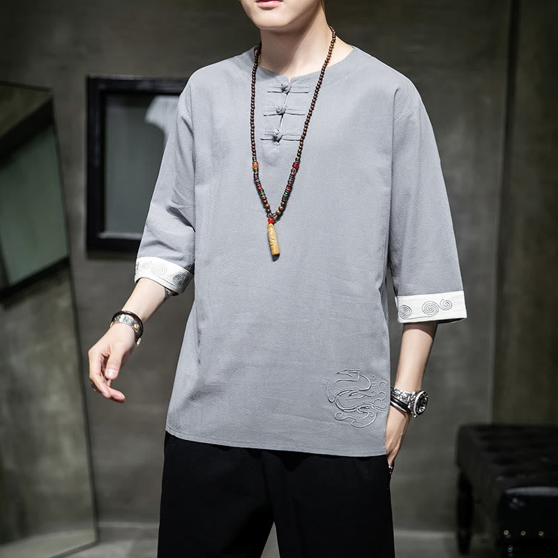 Ropa de hombre de lino y algodón, traje Tang chino con bordado de dragón y botones de rana de Buddha Stones, camisa de manga tres cuartos - image 18