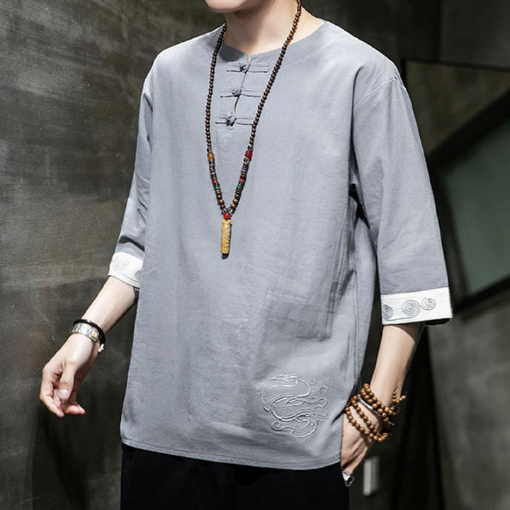 Ropa de hombre de lino y algodón, traje Tang chino con bordado de dragón y botones de rana de Buddha Stones, camisa de manga tres cuartos - image 17