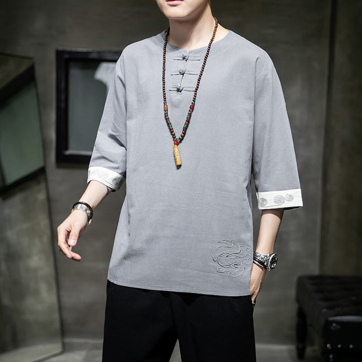 Ropa de hombre de lino y algodón, traje Tang chino con bordado de dragón y botones de rana de Buddha Stones, camisa de manga tres cuartos - image 18