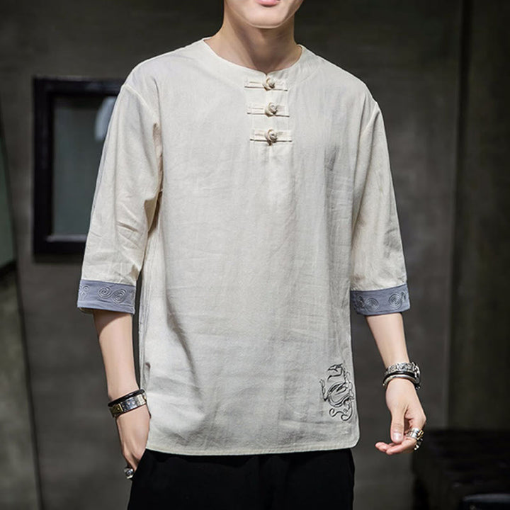 Ropa de hombre de lino y algodón, traje Tang chino con bordado de dragón y botones de rana de Buddha Stones, camisa de manga tres cuartos - image 8